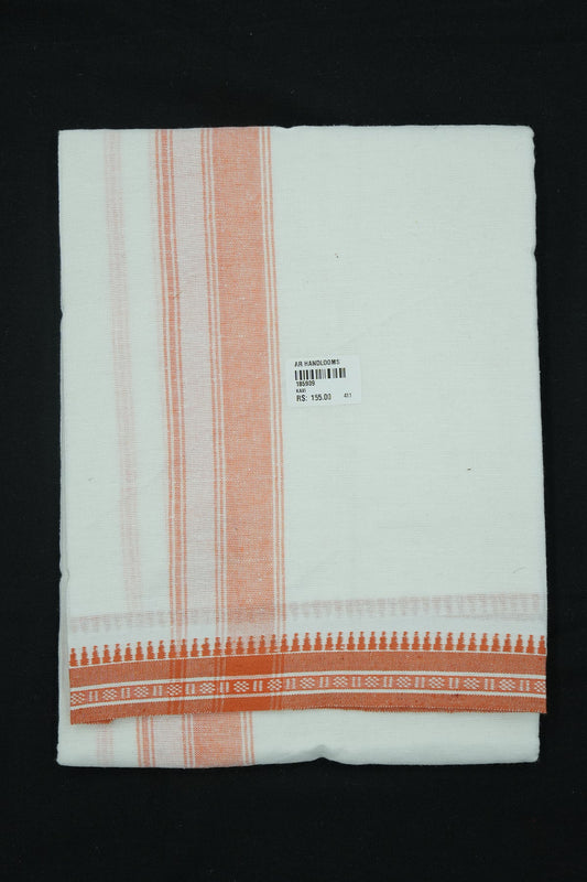 Single Dhothi (Kaily) – White with orange Kara & Temple Border