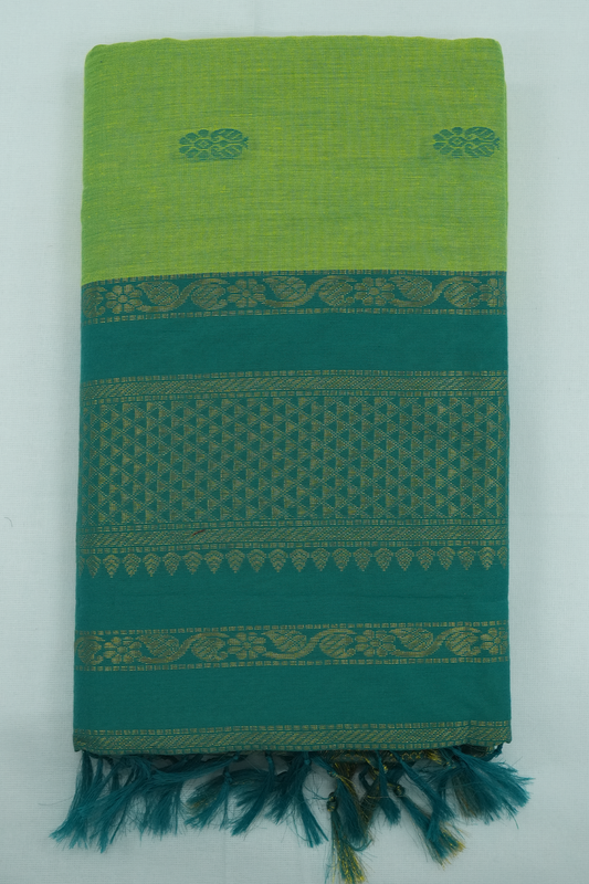 Kalyani Cotton Saree – Light Green & Turquoise (3)