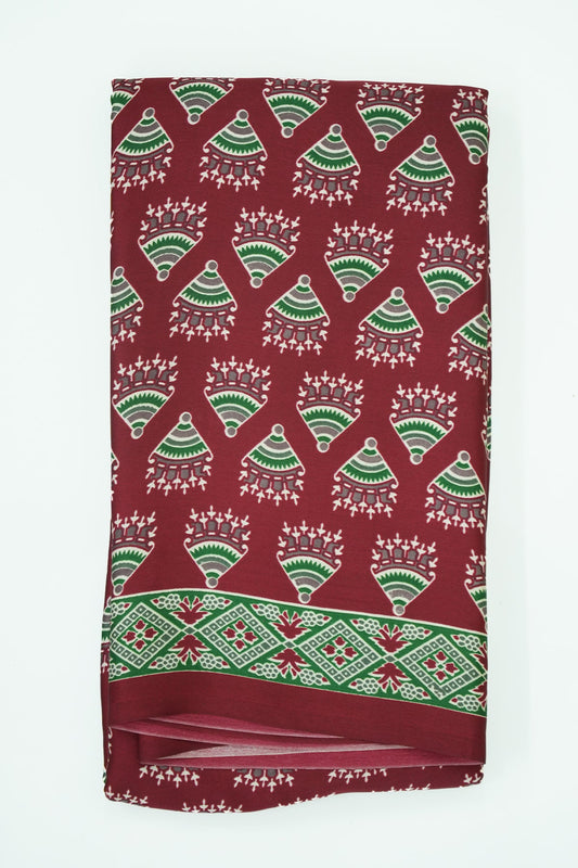 Modal Batik Saree – Deep Red With Elegant Green Work