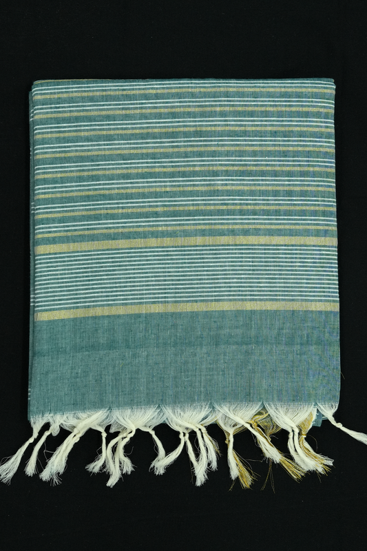 Cotton Saree – Turquiose with Golden Zari Lines (#0015)