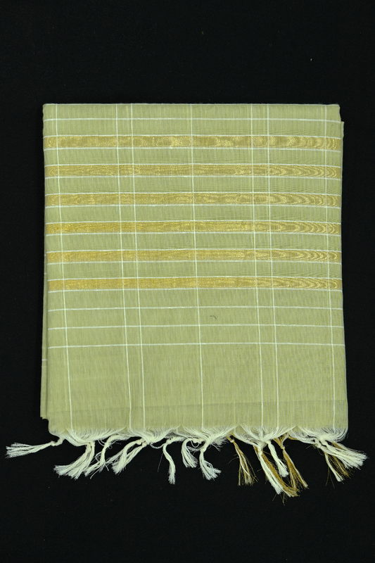 Cotton Saree – Light Olive Green with Golden Zari Lines (#0013)