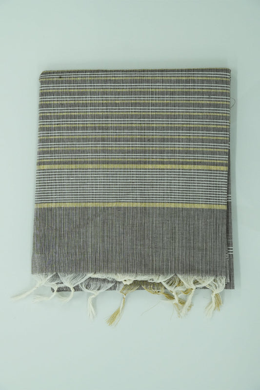 Cotton Saree – Brown with Golden Zari Lines (#0022)