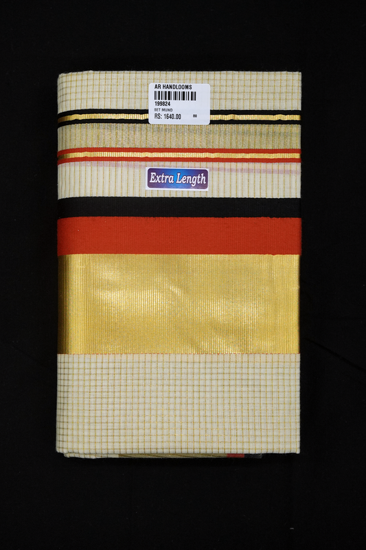 Set Mundu – Orange & Black with Golden Split Kara & Micro Checks