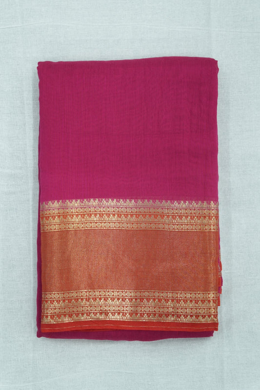 Mal Mal Cotton Saree – Rose Body with Red Border & Golden Work