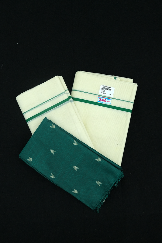 Puliyilakara Set Mund with Blouse – Dark Teal Green