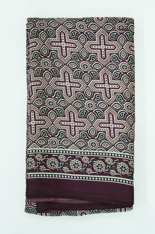 Modal Batik Saree – Deep Burgundy with Floral & Cross Motif Design