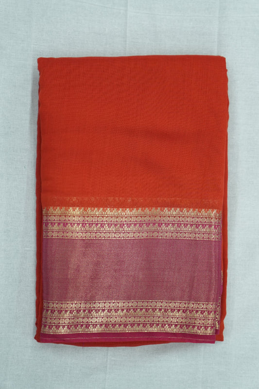 Mal Mal Cotton Saree – Reddish Orange Body with Rose Border & Golden Work