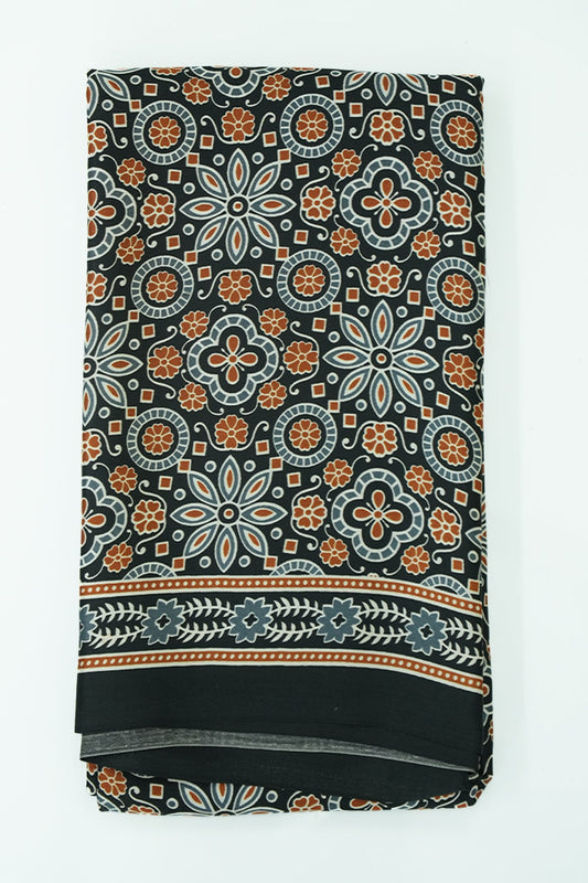 Modal Batik Saree – Black with Ash Blue & Orange Motifs