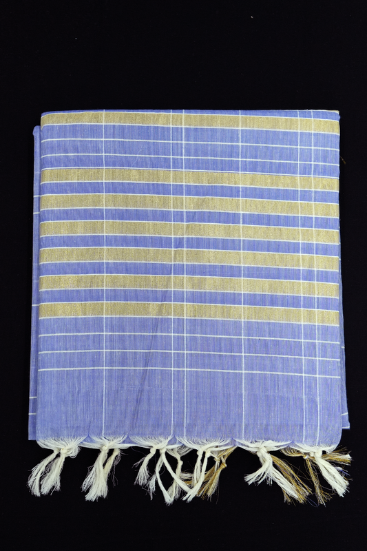 Cotton Saree – Blueish-Lavender with Golden Zari Lines (#0028)