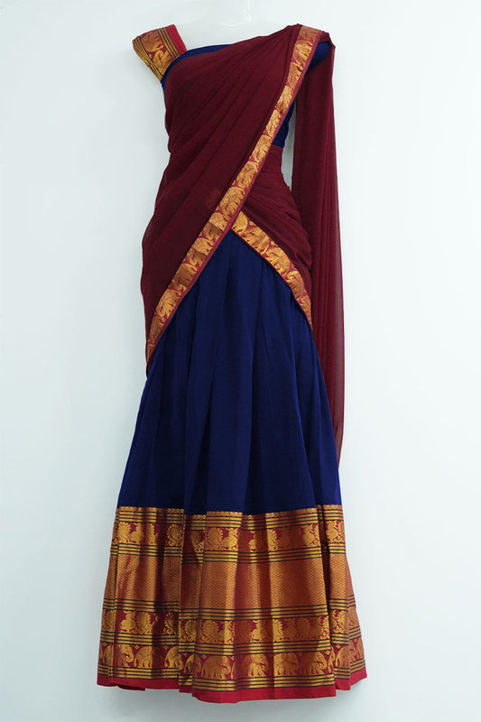 Narayanpet Cotton Dhavani Set – Blue Skirt with Maroon Dupatta