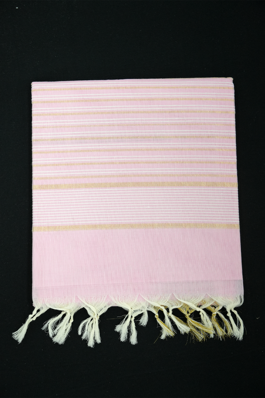 Cotton Saree – Baby Pink with Golden Zari Lines (#0009)