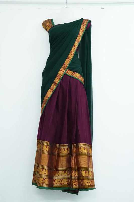 Narayanpet Cotton Dhavani Set – Purple Skirt with Bottle Green Dupatta