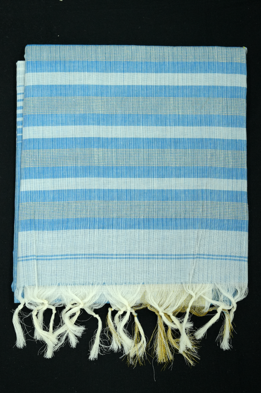 Cotton Saree – Baby Blue with Golden Zari Lines (#0001)