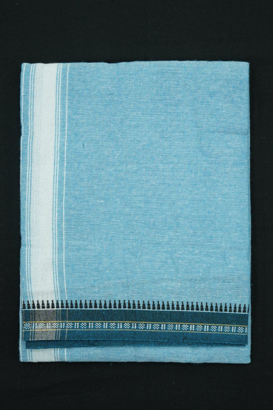 Single Dhothi (Kaily #0025) – Sky Blue with White Lines Kara & Dark Blue Border
