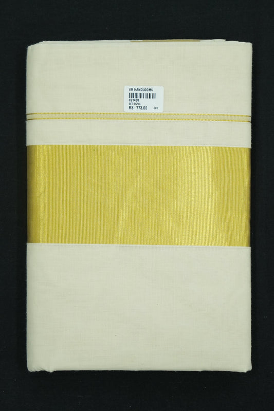 Plain Cotton Set Saree with Golden Zari Kara – 4-Inch Kara Version