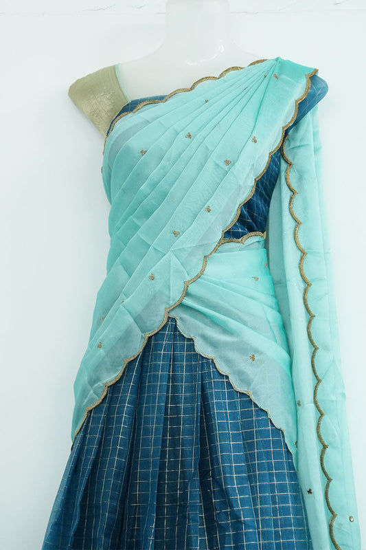 Organza Dhavani Set – Sapphire Blue & Pastel Cyan