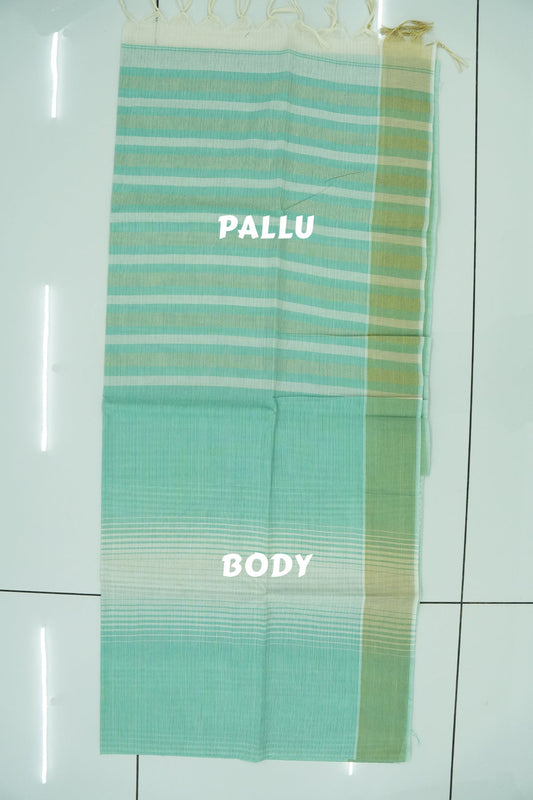 Cotton Saree – Aquamarine with Golden Zari Lines (#0007)
