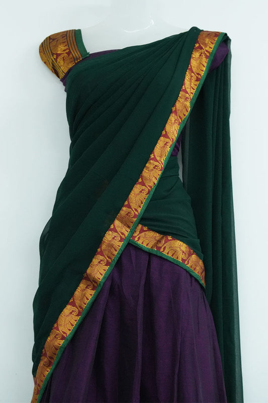 Narayanpet Cotton Dhavani Set – Indigo Skirt with Bottle Green Dupatta