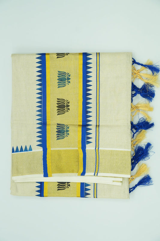 Set Saree – Blue with Golden Lotus Design