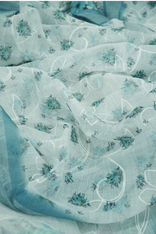 Christmas Collection Saree – Blue with Embroidery & Floral Digital Print