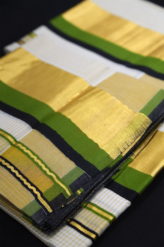 Set Mundu – Green & Black with Golden Split Kara & Micro Checks