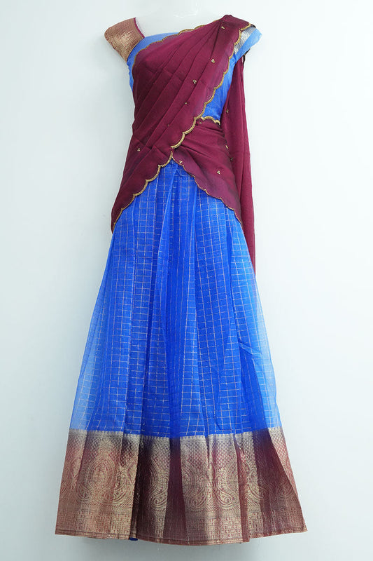 Organza Dhavani Set – Bright Blue & Rose