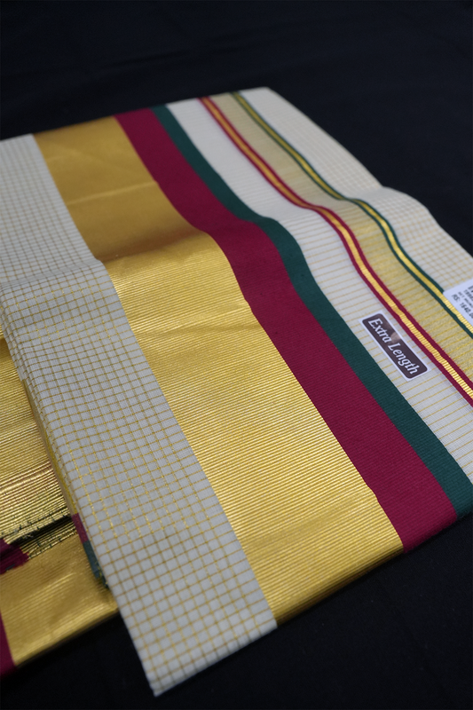 Set Mundu – Maroon & Green with Golden Split Kara & Micro Checks