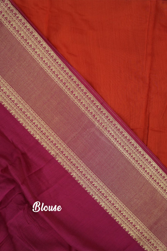 Mal Mal Cotton Saree – Reddish Orange Body with Rose Border & Golden Work