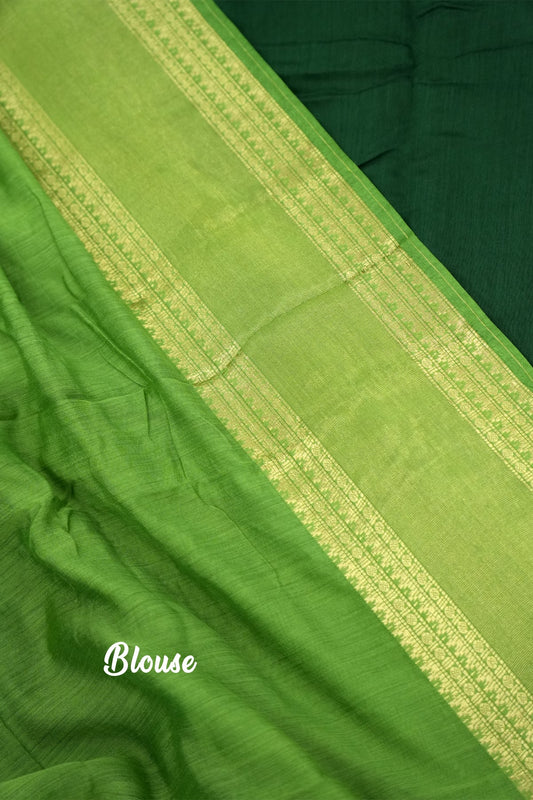 Mal Mal Cotton Saree – Dark Green Body with Green Border & Golden Work