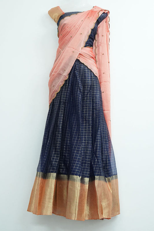 Organza Dhavani Set – Dark Blue & Pastel Coral