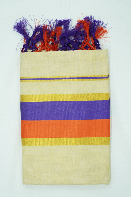 Dual Color Kara Set Saree – Violet & Orange | Golden Tissue
