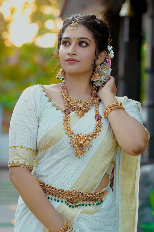 Kerala Kasavu Set Saree - Broad Kara with Checks (Golden Kasavu) - #003704