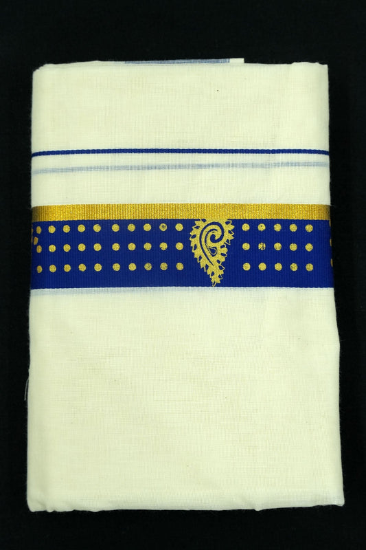 Set Mundu – Bold Blue Grace with Golden Accents
