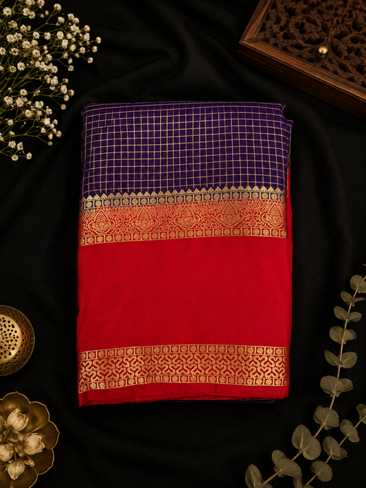 Premium crepe silk saree micro checks - Blue & Rani Red