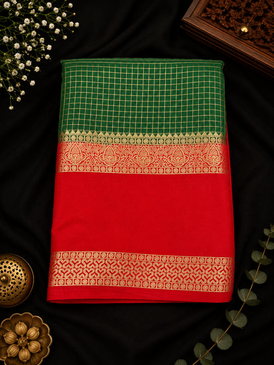 Premium crepe silk saree micro checks -green & red