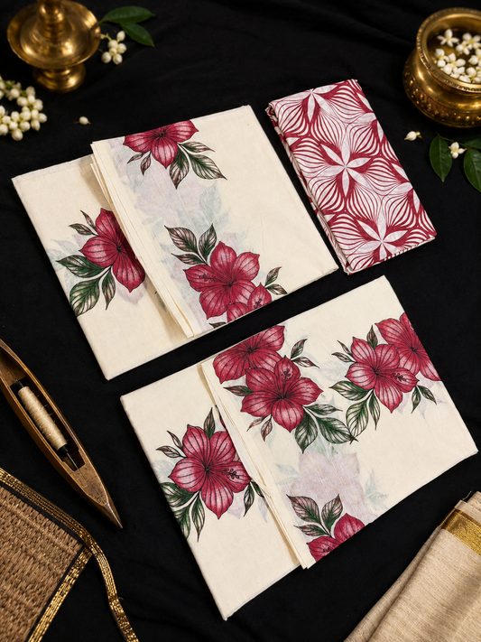Hibiscus Print Set Mund (with Blouse) - Red