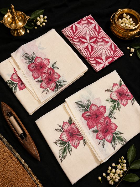 Hibiscus Print Set Mund (with Blouse) - Rose