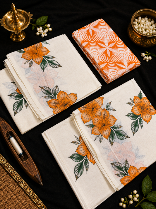 Hibiscus Print Set Mund (with Blouse) - Orange