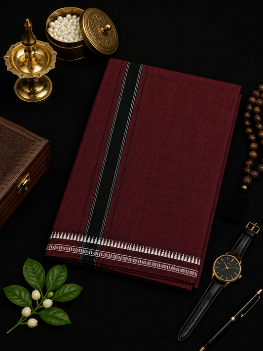 Single Dhothi (Kaily #0046) – Bloody red with black Kara & Temple Border