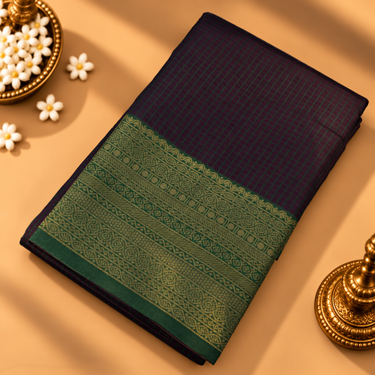 Deep Wine Purple Soft Silk Saree with Emerald Green Gold Zari Border