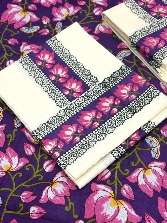 ONAM SET MUND Lotus print with Blouse - Violet