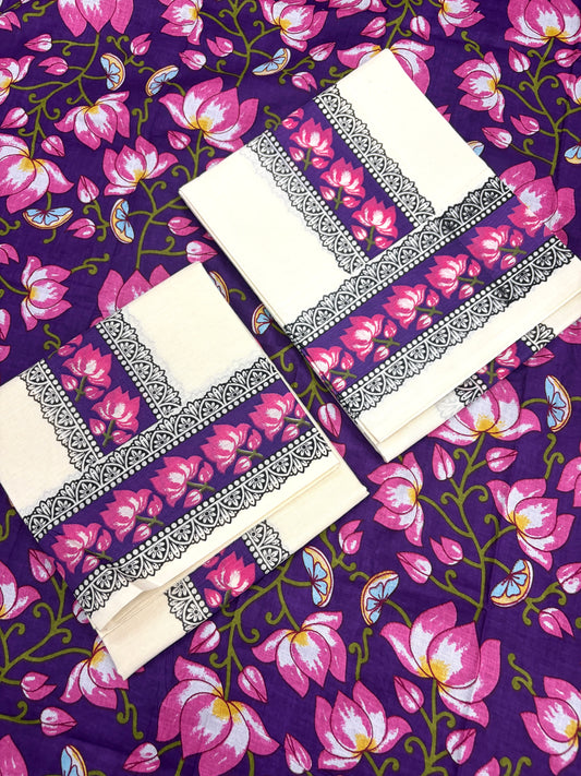 ONAM SET MUND Lotus print with Blouse - Violet