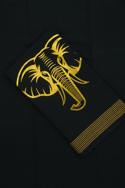 Golden Elephant Print Single Dhothi – Majestic Elegance in Black