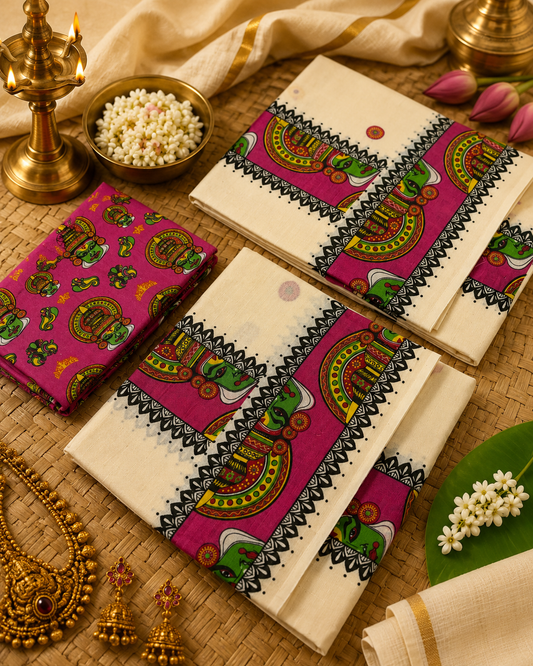 ONAM SET MUND KATHAKALI PRINT with Blouse - pink