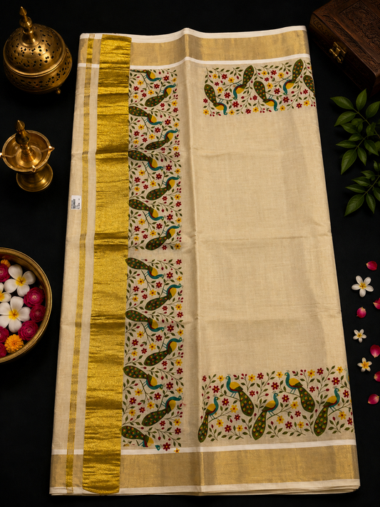 Peacock Print golden tissue Set Saree (limited Stock)