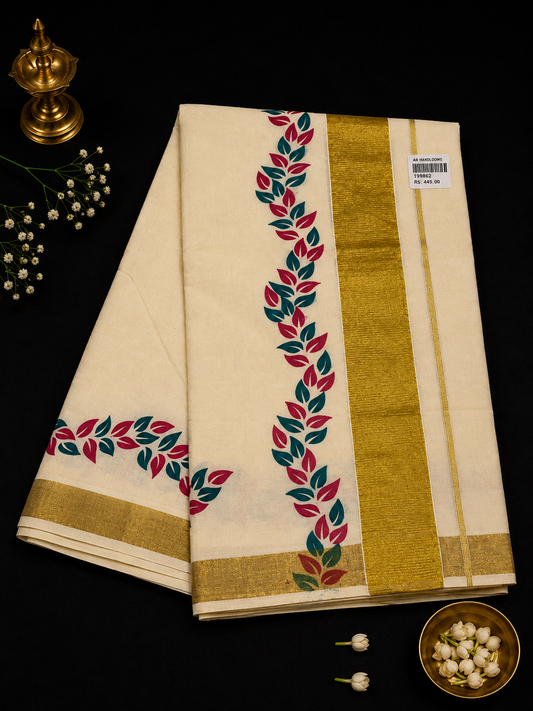 Set Saree - rose and blue leaves