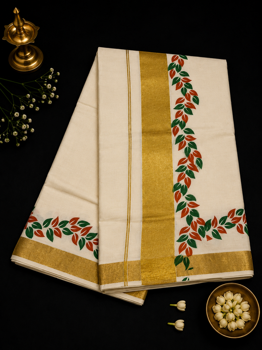 Set Saree - green and orange leaves