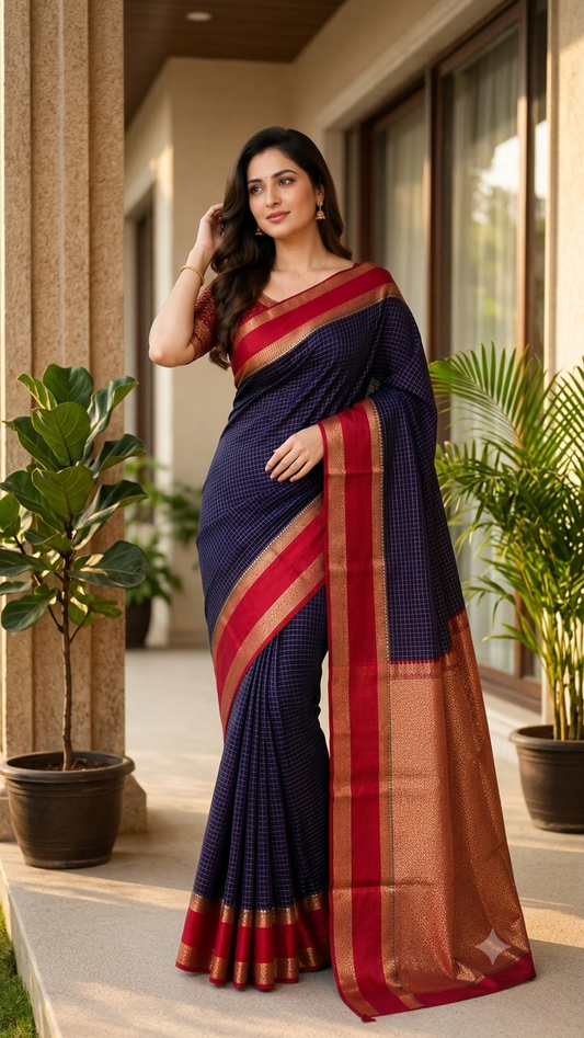 Premium crepe silk saree micro checks - Blue & Rani Red