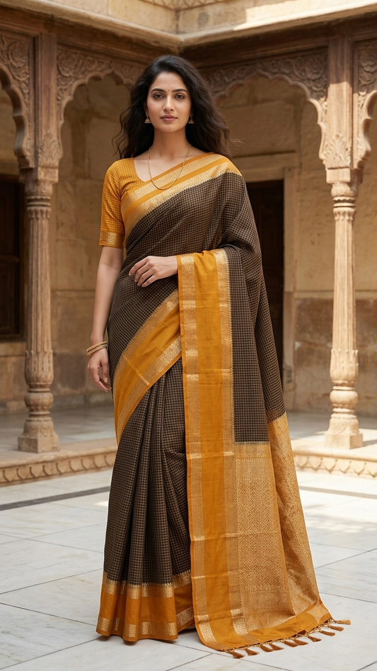 Premium crepe silk saree micro checks - Light Brown & Mambazha Manja