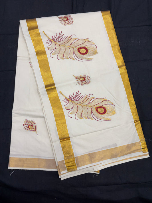 Embroidery Set Saree - Peacock Feather (red)